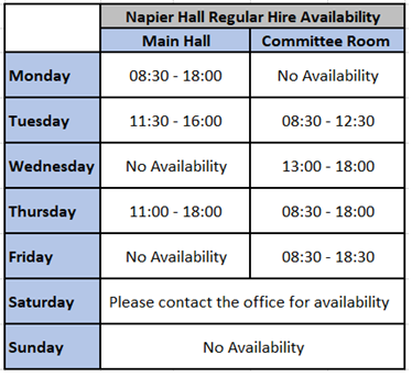 Napier Hall Availability